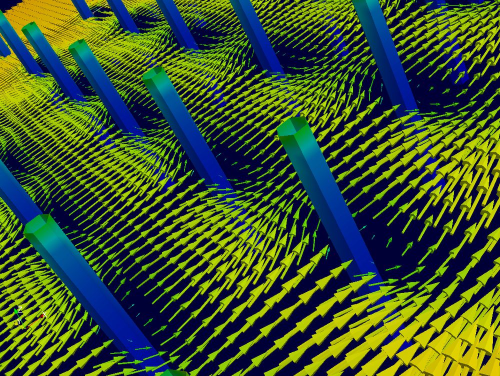 Simulated flow through a row of bristles