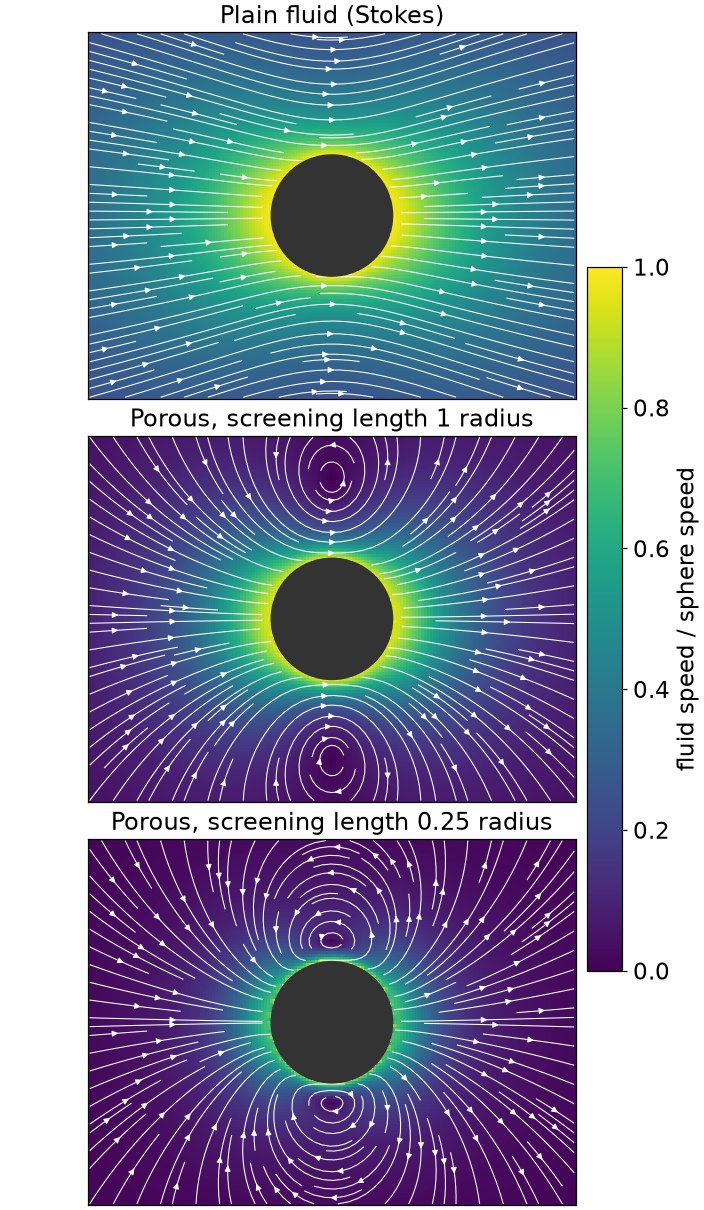 Flow around a sphere in plain fluid and in two porous media, showing the flow confined closer to the sphere as the screening length shrinks